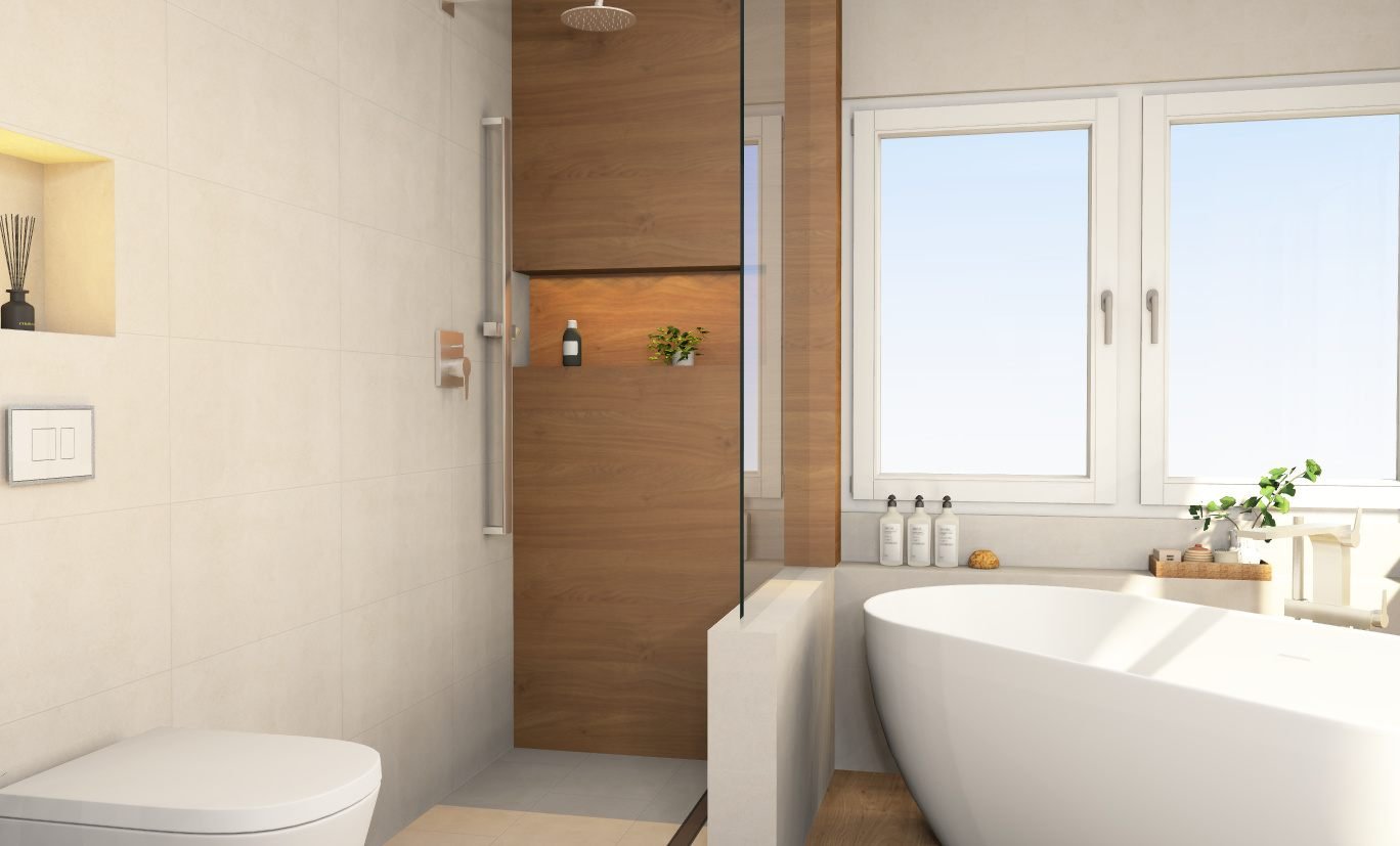 Dreidimensionale Planungsansicht eines neuen Badezimmers mit bodengleicher Dusche, Holzverkleidung und freistehender Badewanne